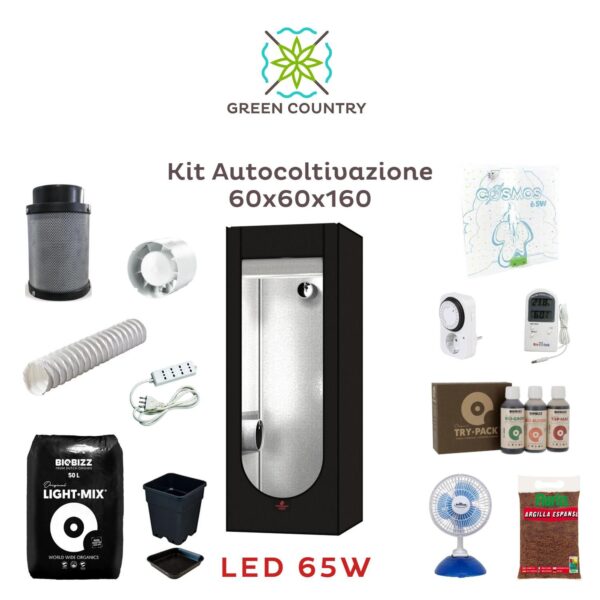 Kit per Autocoltivazione Indoor 60x60x160 | Led 65W Full Spectrum 2.5 umol/J